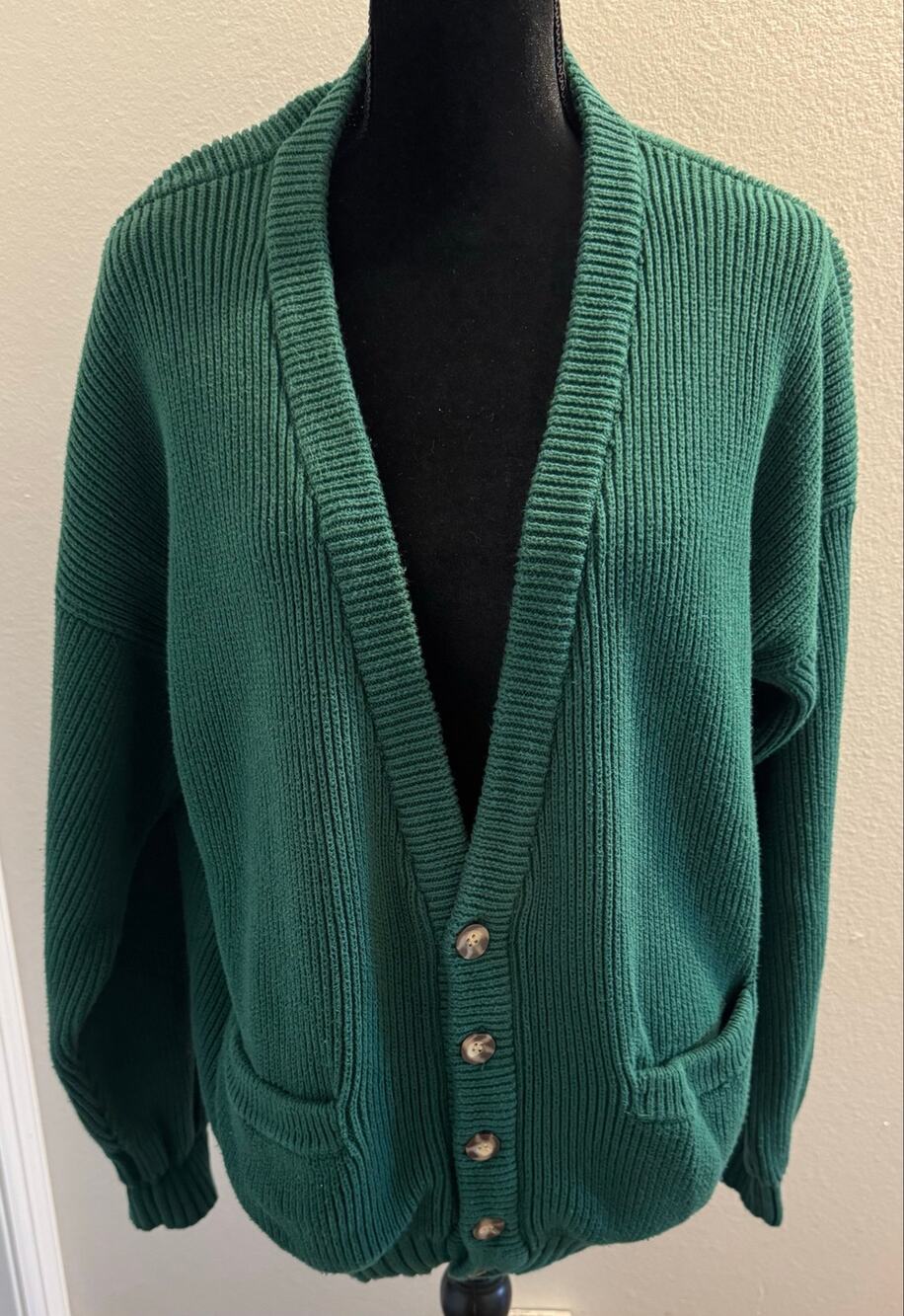 VTG 90s Eddie Bauer cotton ribbed-knit "grandpa" cardigan sweater XL Green
